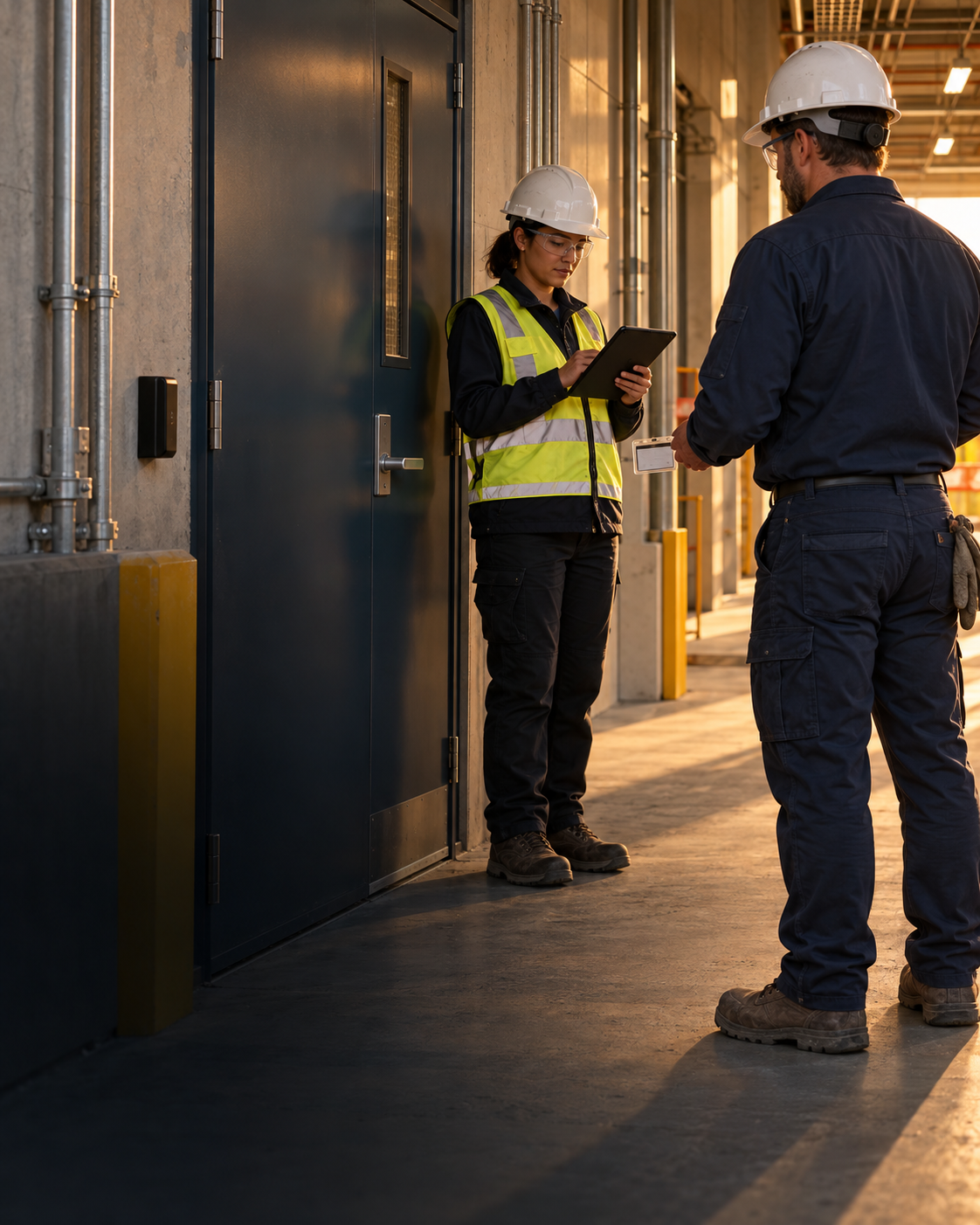 Illustrative industrial room entrance with an electrician and an attendant checking a badge